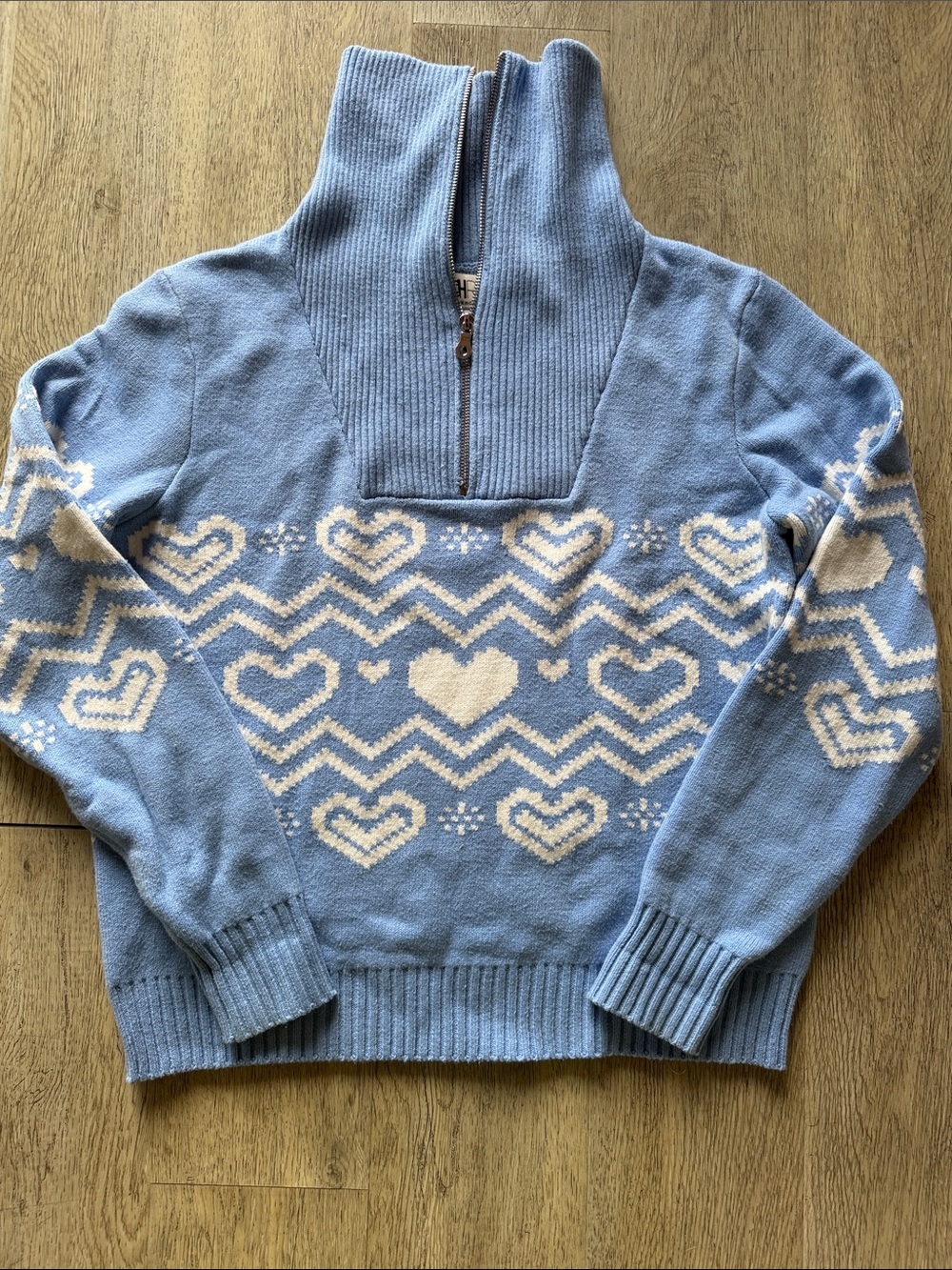 Beach Riot Light Blue & Cream Heart Zip Funnel Neck Sweater